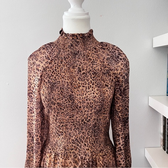 Monique Lhuillier Leopard Animal Print Chiffon Smocked Dress Sz 4 - Picture 5 of 14